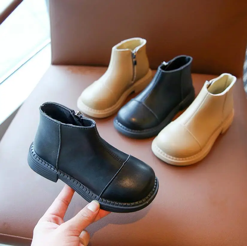 

Autumn Winter Plus Velvet Warm Kids Martin Boots for Girls Boys Fashion Leather Boots Soft Bottom Non-slip Children Running Shoe