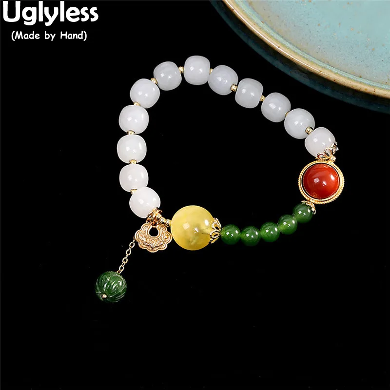 

Uglyless Elastic Rope Adjustable Multi Treasure Gemstones Bracelets Women Natural Jade Jasper Amber Agate Bracelets 925 Silver