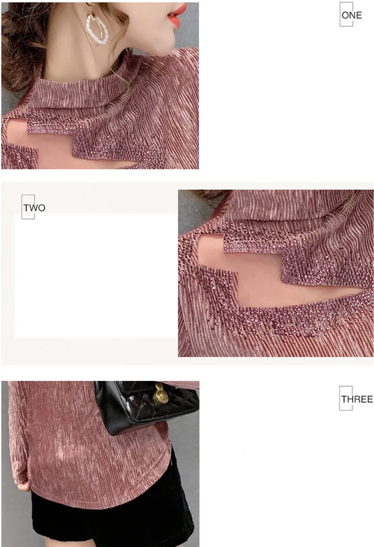 

Fall Winter Velvet T-Shirt Sexy Mock Neck Patchwork Mesh Shiny Diamonds Women Tops Bottoming Shirt With Fleece Tees 2021 T16306A