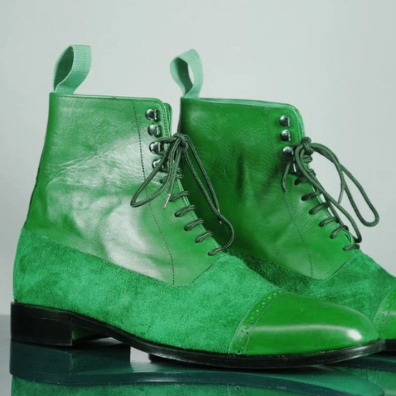 

Fashion Green PU Leather Lace Up Stitching Block Hat Toe Ankle Boots High Top Youth Trend Men Business Casual Boots 8KH408