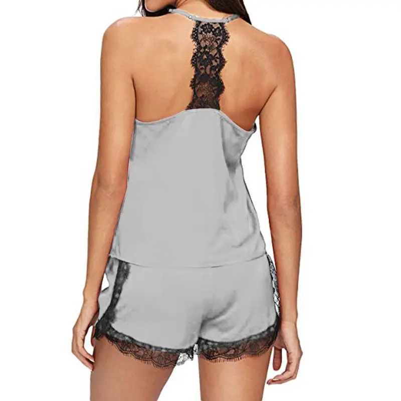 

Women Sexy Sleepwear Sleeveless Babydoll Strap Nightwear Lace Trim Satin Cami Top Pajama Party Sets