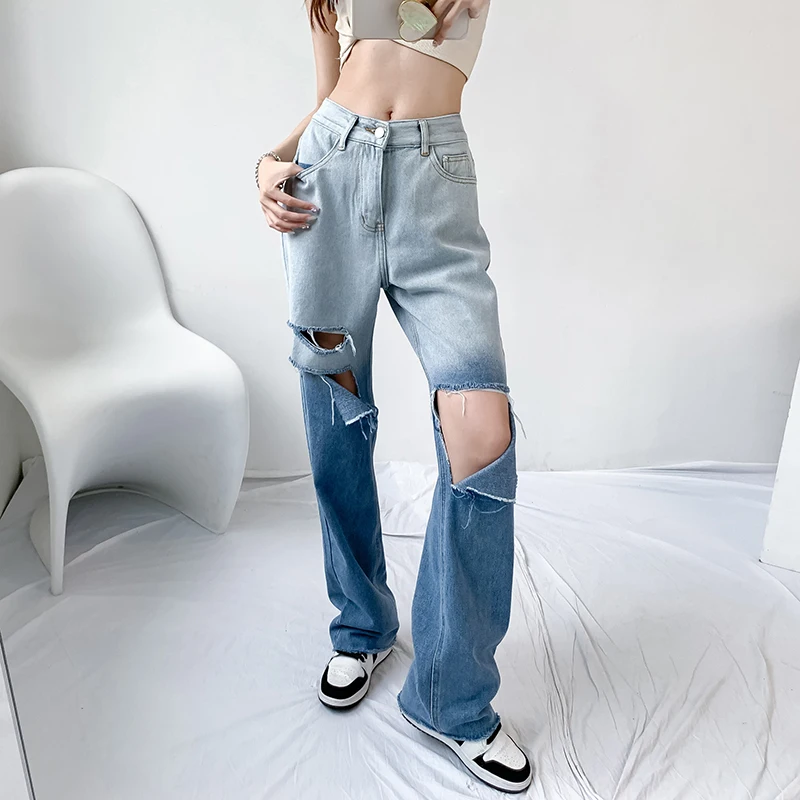 

Womens Loose Fit Jeans 2021 Ripped Wide Leg For Women High Waist Blue Wash Casual Cotton Denim Trousers Summer Baggy Jean Pants