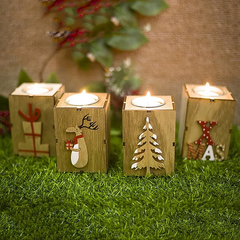 

2021 Christmas Candle Holder Wood Tealight Candlesticks Decoration Lantern Vintage For Christmas Party New Year Party Decor 2022