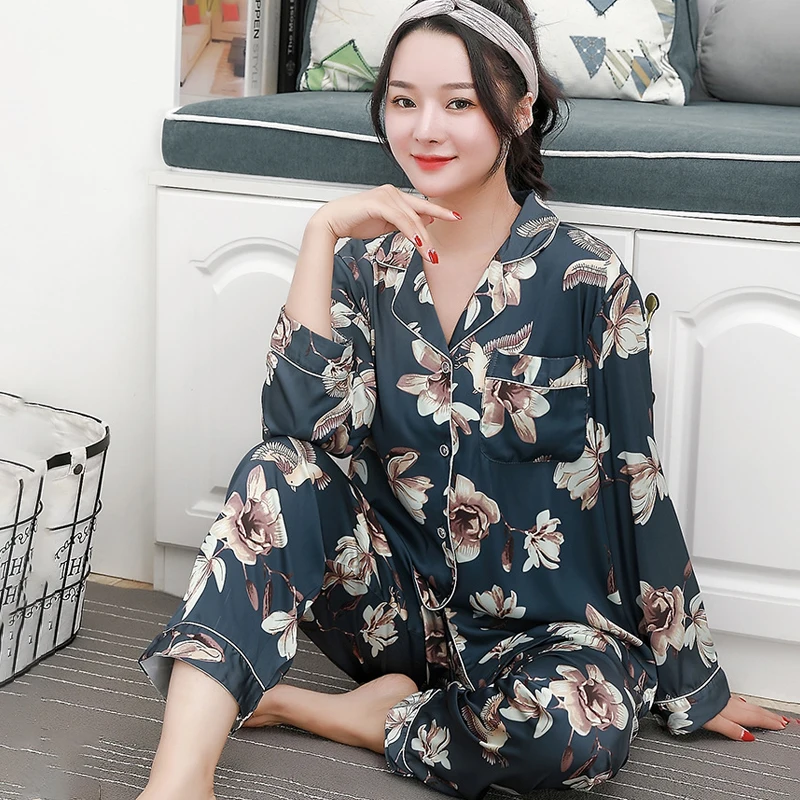 Pajamas Women Polka Dot Pijamas Sets Ice Silk Satin Sleepwer Suits Spring Fashion Homewear Long Sleeve Printing Pyjamas Rayon