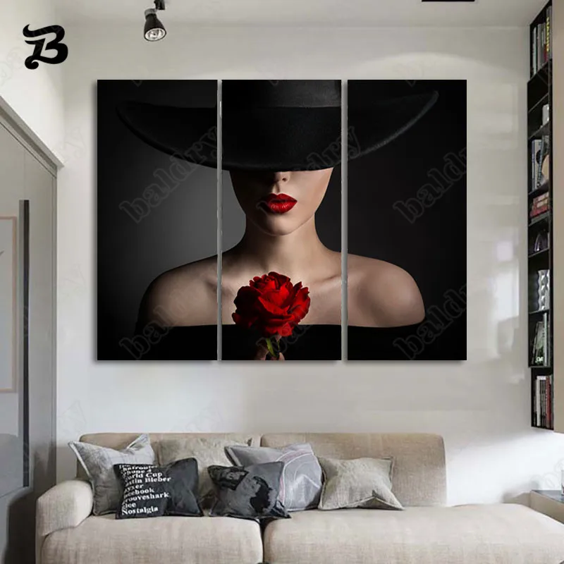 

Canvas Painting 3 Piece Sexy Girl Wiht Black Hat Black Background Wall Art Pictures Poster Print On Canvas Home Wall Decoration