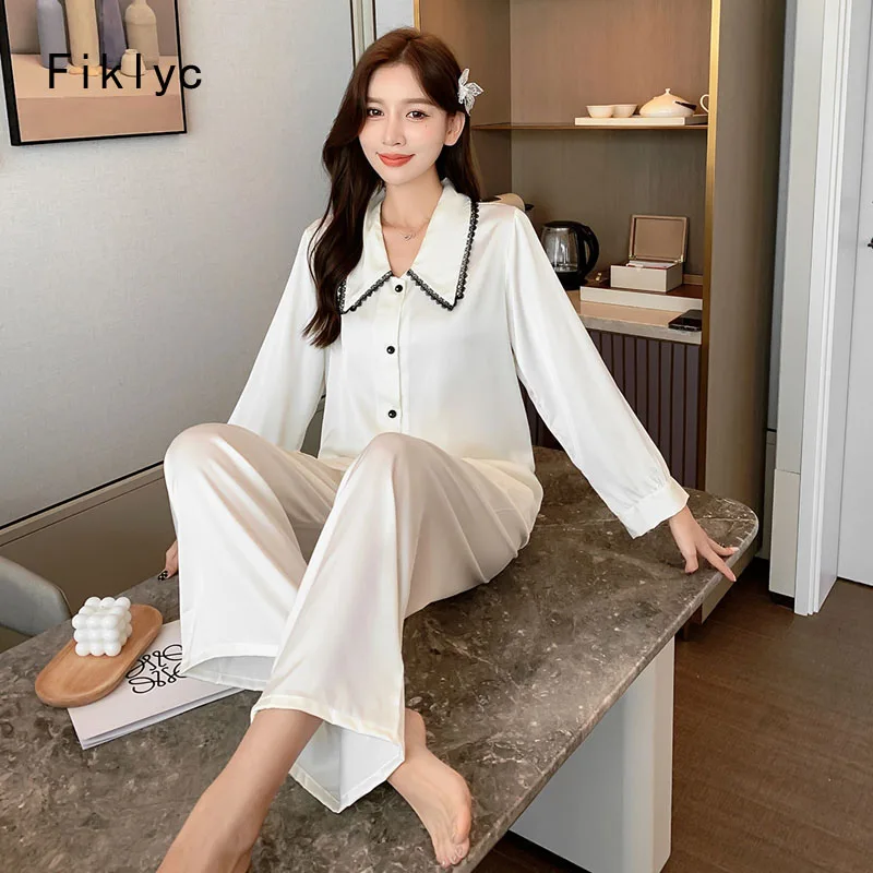 

Fiklyc 2022 Spring Summer New Arrival Satin Big French Collar Beautiful Women Sleep Night Dress Pajamas Sets Leisure Home Cloth