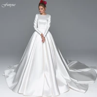 funyue elegant muslim wedding dress long sleeve luxury satin chapel train gorgeous ball gown bride dress plus size mariage