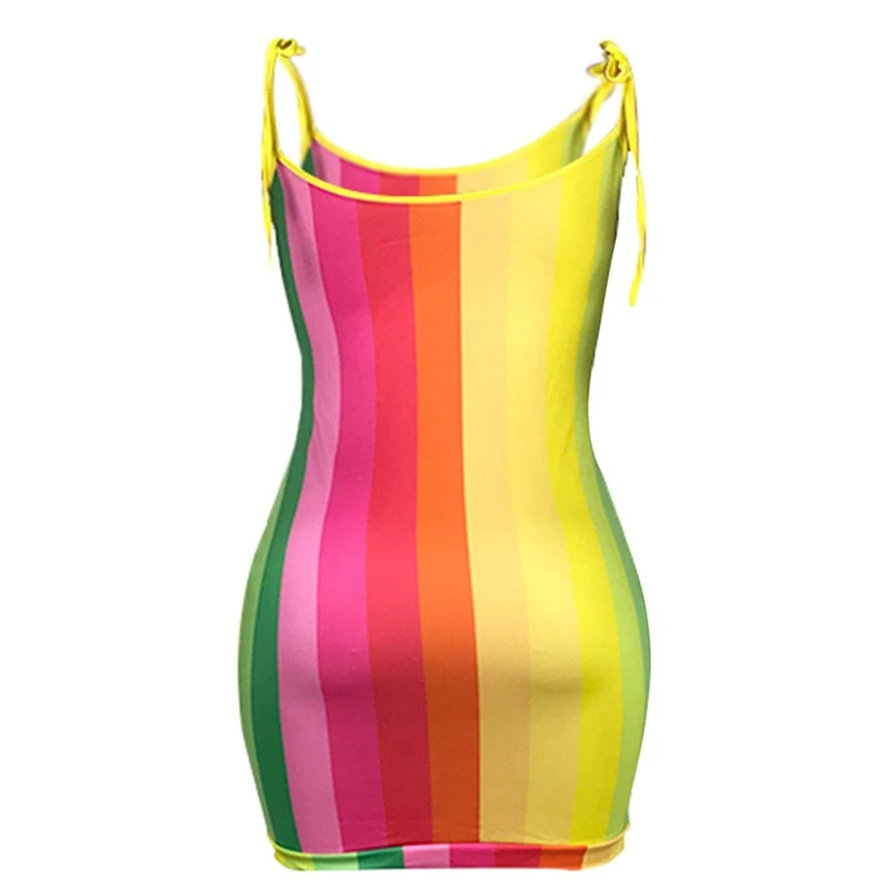 New Fashion Women Strap Sleeve Mini Dress V Neck Rainbow Stripe Bodycon Ladies Sexy Club Party Wear Summer | Женская одежда