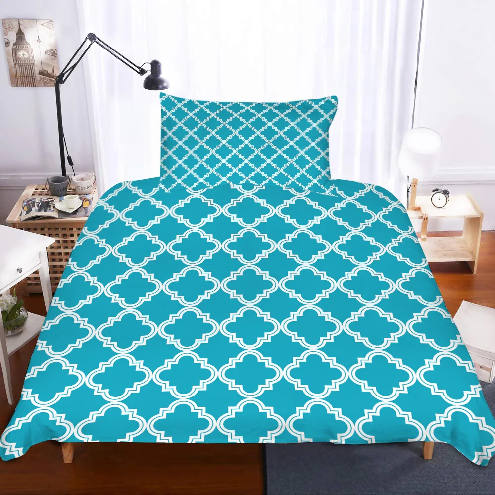 Blue Moroccan Geometric Checks Duvet Cover Pillow Case Quilt Set Bedclothes Single Bedding Sets For Bed | Дом и сад