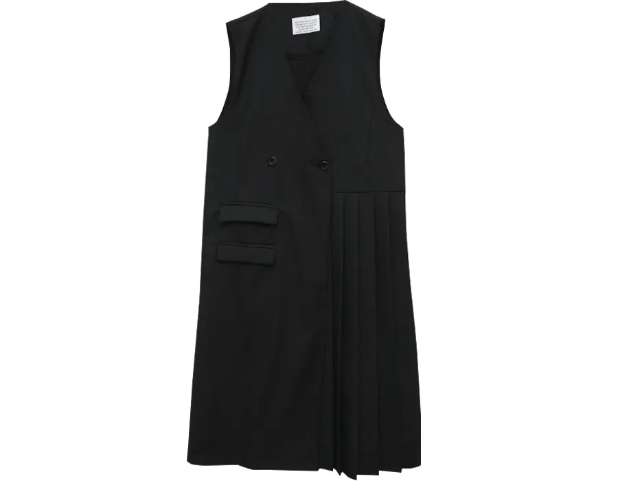 

Korean Fashion V-neck Long Vest Dress Women Sleeveless One-button Pleated Dresses Solid Office Workwear Female Vestidos 2020