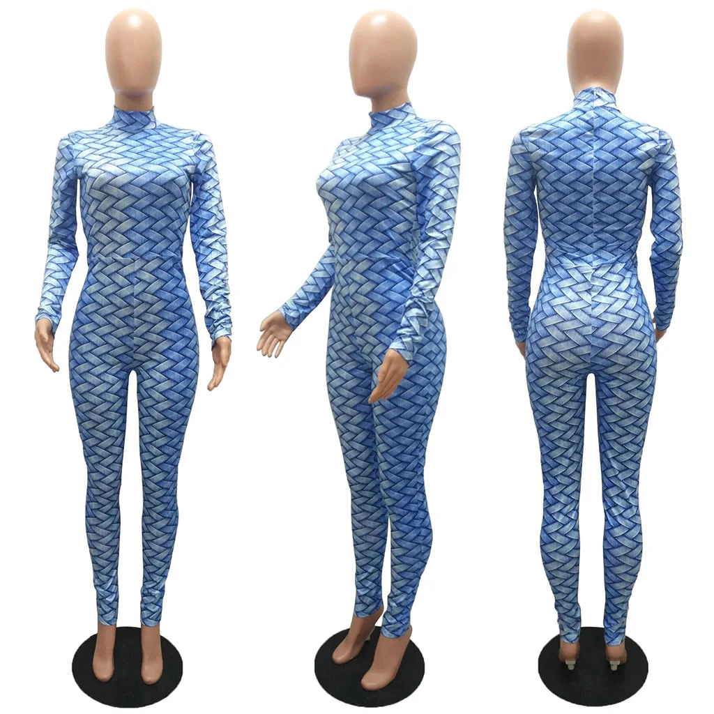 

Fall 2021 new fashion solid color printed sports jumpsuit Slim O-neck long-sleeved ladies top trousers