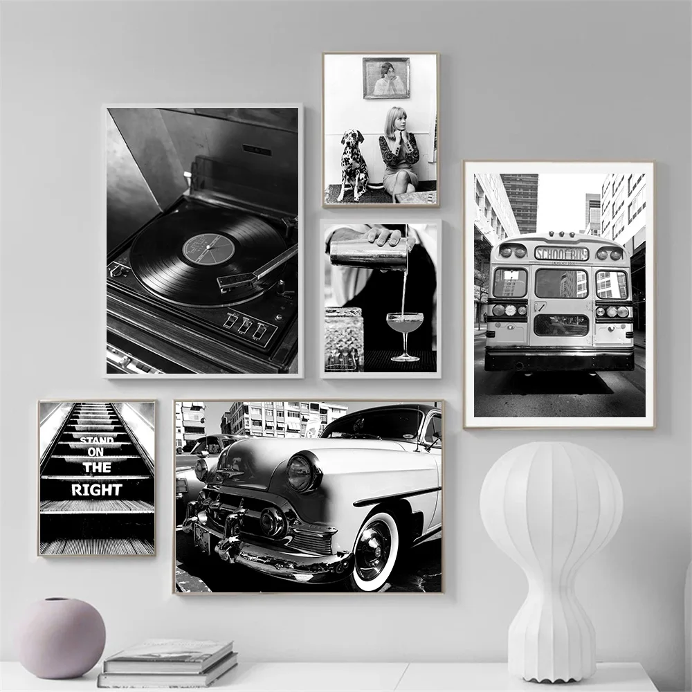 

Fashion Girl And Dog Wall Art Poster Wine Print Phonograph Vehicle Stairs Quotes Canvas Painting Black White Pictures Home Decor