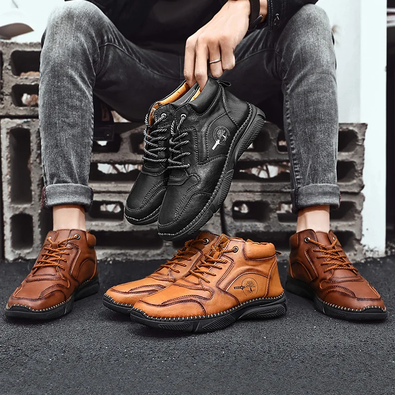 

SusuGrace Winter Leather Mens Shoes Casual Lace-up Vintage Street Shoes For Man Outdoor Flats Handmade Footwear Big Size 38-46
