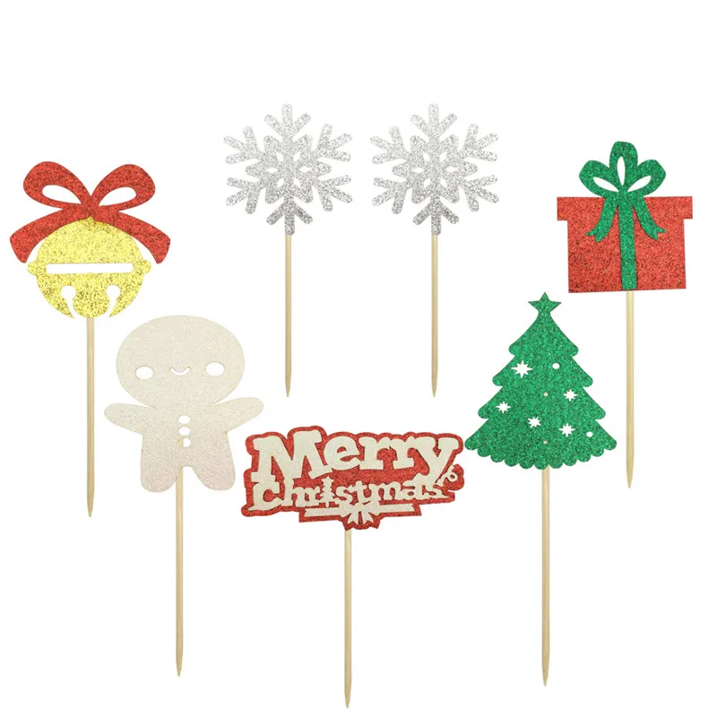 

10Pcs Glitter Paper Merry Christmas Cupcake Topper Happy New Year Cake Decoration Xmas Christmas Holiday 2022 Party Supplies