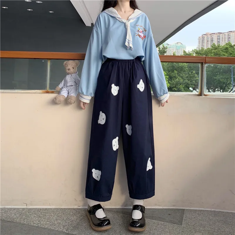 

Japanese Kawaii Soft Girl Cute Bear Printing Women Pants Basis Wild High Waist Loose Trousers Elastic Waist Casual Student Pant