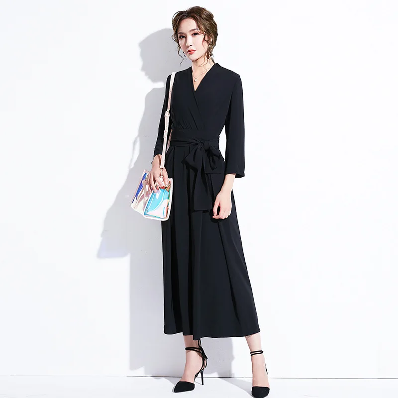 Jumpsuits For Women 2019 Autumn Korean Office Lady Elegant Chiffon Ol V Neck Long Sleeve Wide Leg Overalls Black DD2366
