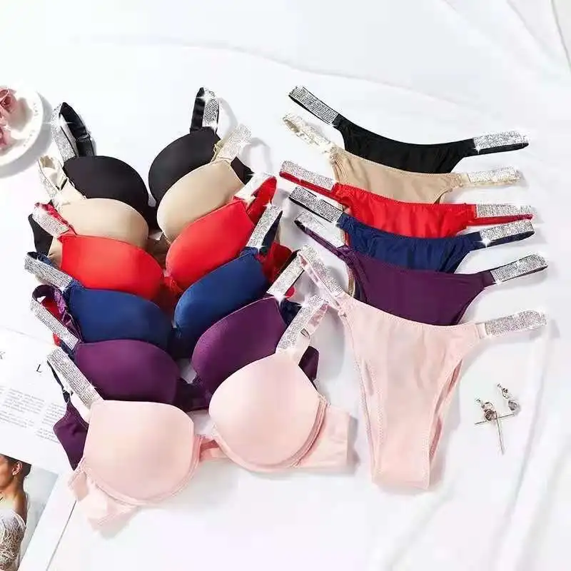 

Sexy Secret Women Underwear Thong Letters Rhinestones Bikini Bra Set 2 Pieces Push Up Adjustable Lingerie Sets Party Essentials