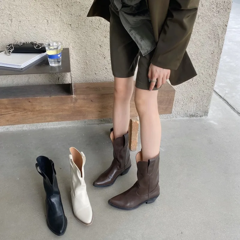 Женские ковбойские сапоги MONMOIRA до середины икры с острым носком и деревянным