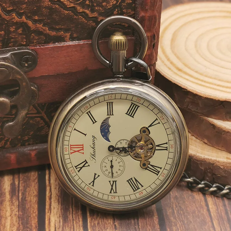 

Luxury Moonphase Tourbillon Mechanical Pocket Watch men Roman Number Pendant Necklace Fob Watch men Gift Box