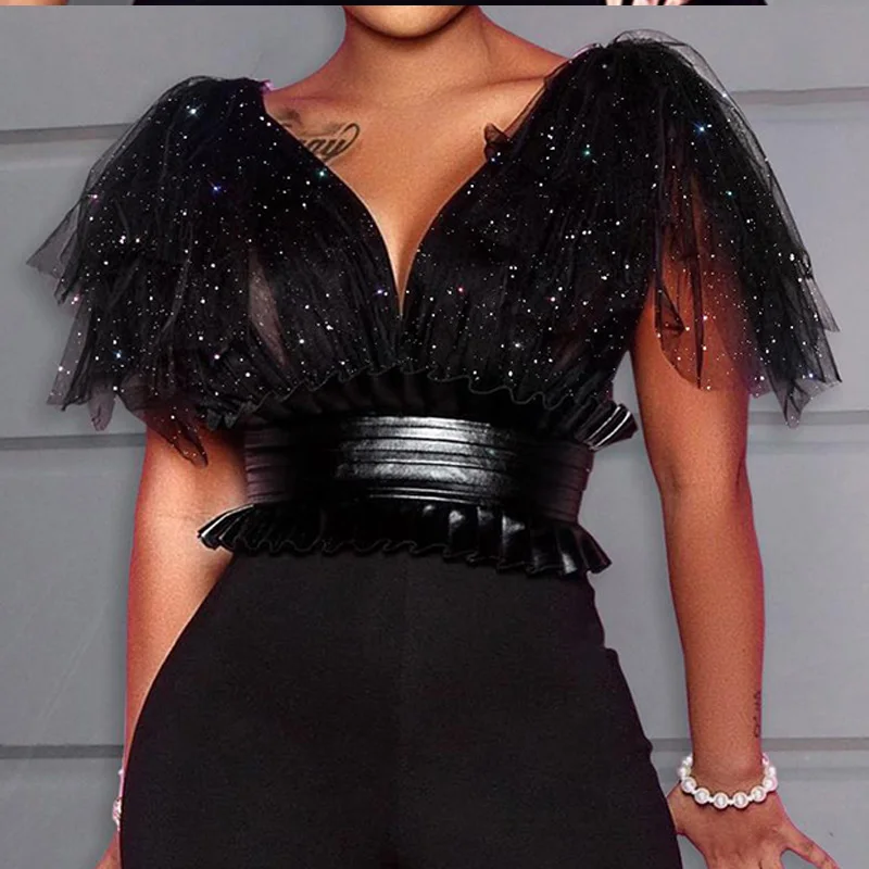 

Summer 2021 elegant party ladies jumpsuit mesh sleeveless female jumpsuit sexy V-neck high waist black female jumpsuit