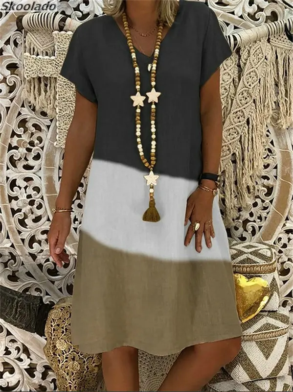 

Женское винтажное длинное платье-рубашка с V-образным вырезом и коротким рукавом, свободные длинные летние платья, повседневная женская оде...