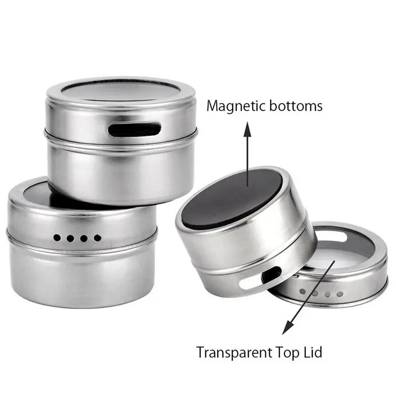 12pcs/set Clear Lid Magnetic Spice Tin Jar Stainless Steel Sauce Storage Container Jars Kitchen Condiment Holder Houseware | Дом и сад