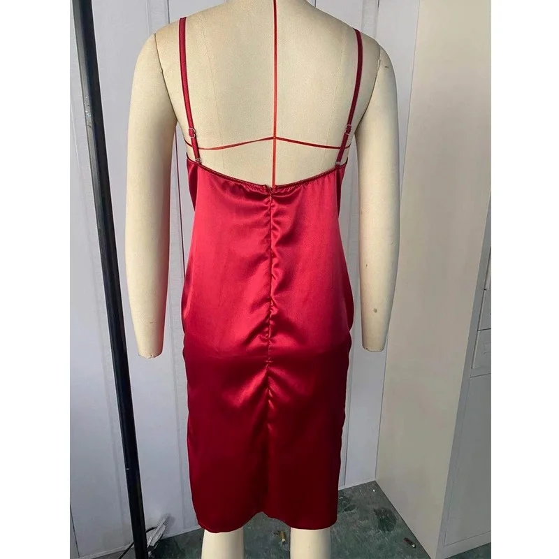 

2021 Summer Sleeveless Suspender Black Silk Dress Sexy Backless Elegant Satin Corset Party Dress Woman Split Mid-length Skirt