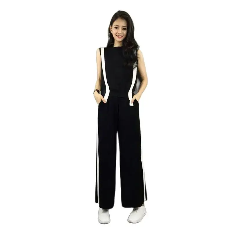 

Fashion women's suit summer ice silk round neck sweater open back contrast color nine-point wide-leg pants two-piece suit