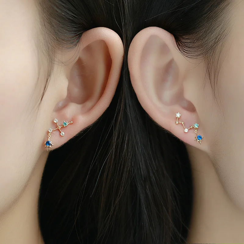 Trendy 9K Pure Real Yellow Gold Big Dipper Star Pierced Earrings for Women Girl Fancy Solid Stud Fine Engagement Jewelry Gift