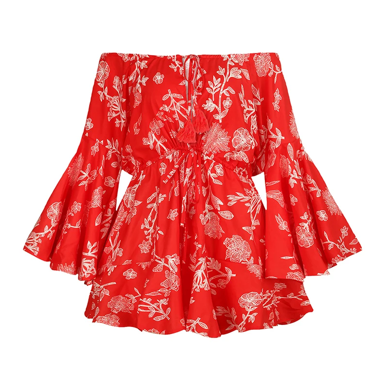 

Women Floral Jumpsuit Summer 2021 Beach Shorts Romper Female Casual Printing Slash Neck Latern Sleever Bodysuit SS1059