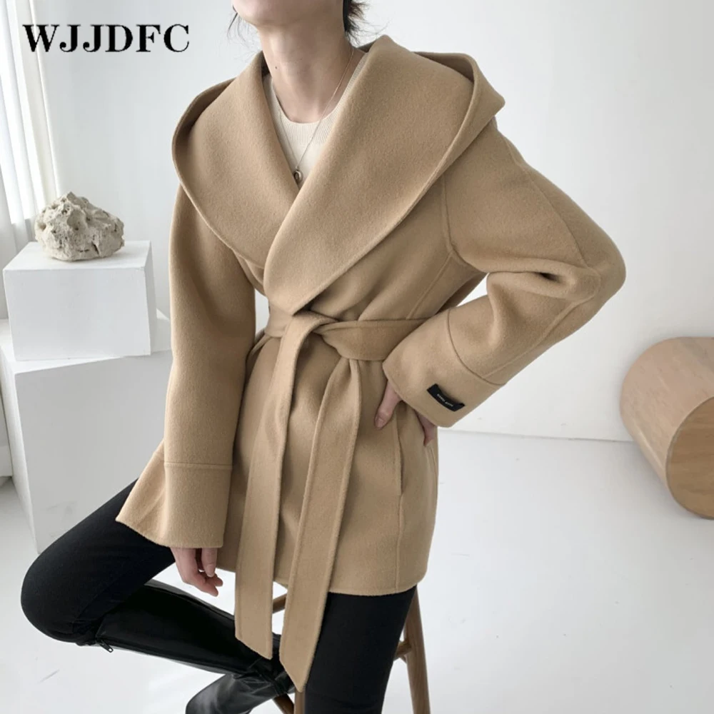 WJJDFC Korean Jacket Women's Woolen Long-Sleeved Coat Winter Elegant Pure Color Wool Coat Ladies Jacket Khaki Fashion Jacket
