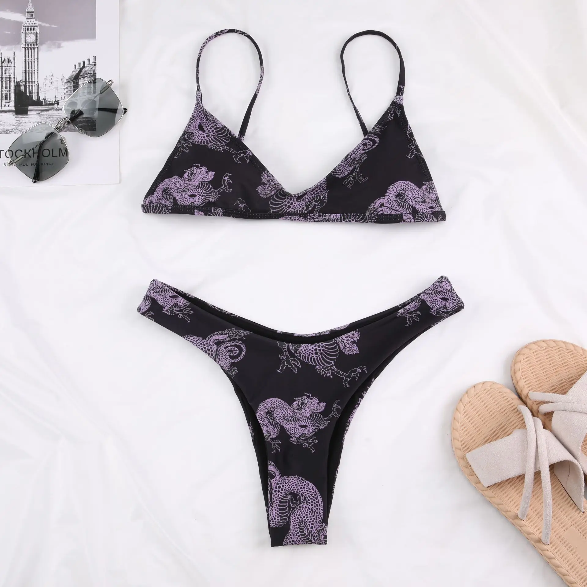 

Qeils 2021 Dragon Printed Bikini Women Swimwear Female Swimsuit Three-Pieces Bikini Set Long Sleeve Thong Bather Bathing Suit