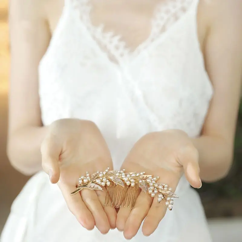 Metallic Hollow Out Leaves Wedding Hair Comb Imitation Pearl Rhinestone Bridal Prom Party Ponytail Veil Holder Hairpin Accessory