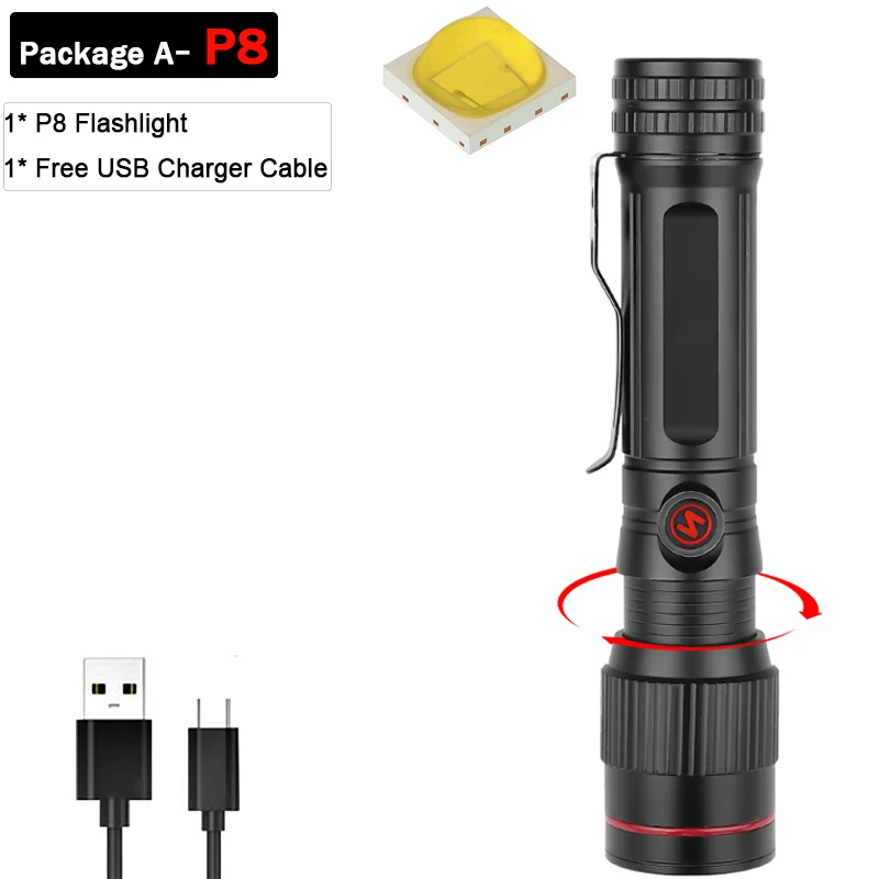 Package A-P8 XHP90 XHP70.2 светодиодный фонарик с зарядкой от USB фонарик с зумом светодиодный фонарь Водонепроницаемый фонарь для охоты фонарик супер яркий - Испускаемый цвет: Package A-P8