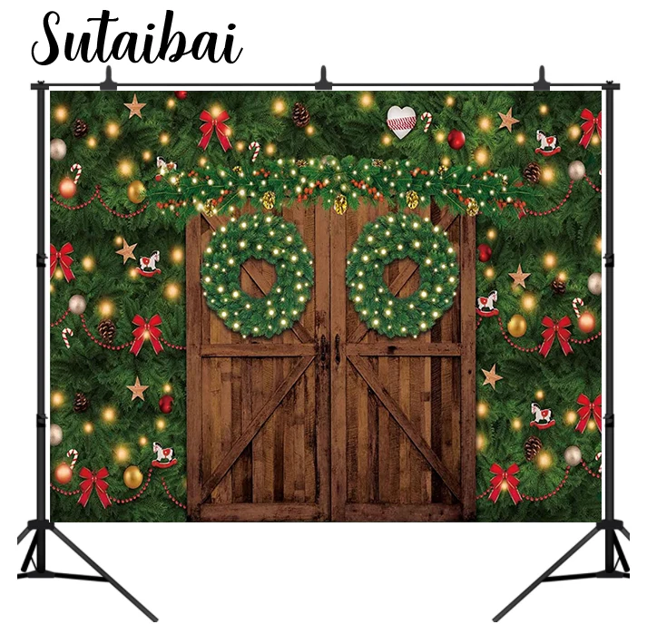 

Winter Christmas Rustic Barn Door Photography Backdrop Merry Xmas Wooden Wall Farmhouse Trees Background Baby Shower Kids