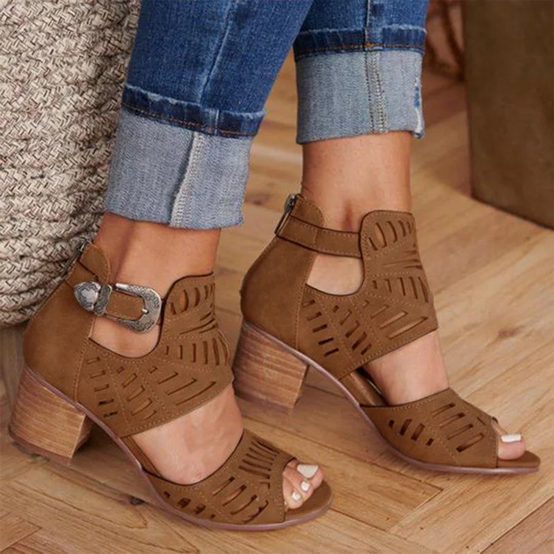 

SHUJIN Summer Women Bucket Sandals Ladies Scrub PU Leather Hollow Out Shoes Square Mid Heels Shoes Comfortable Open-toe Shoes