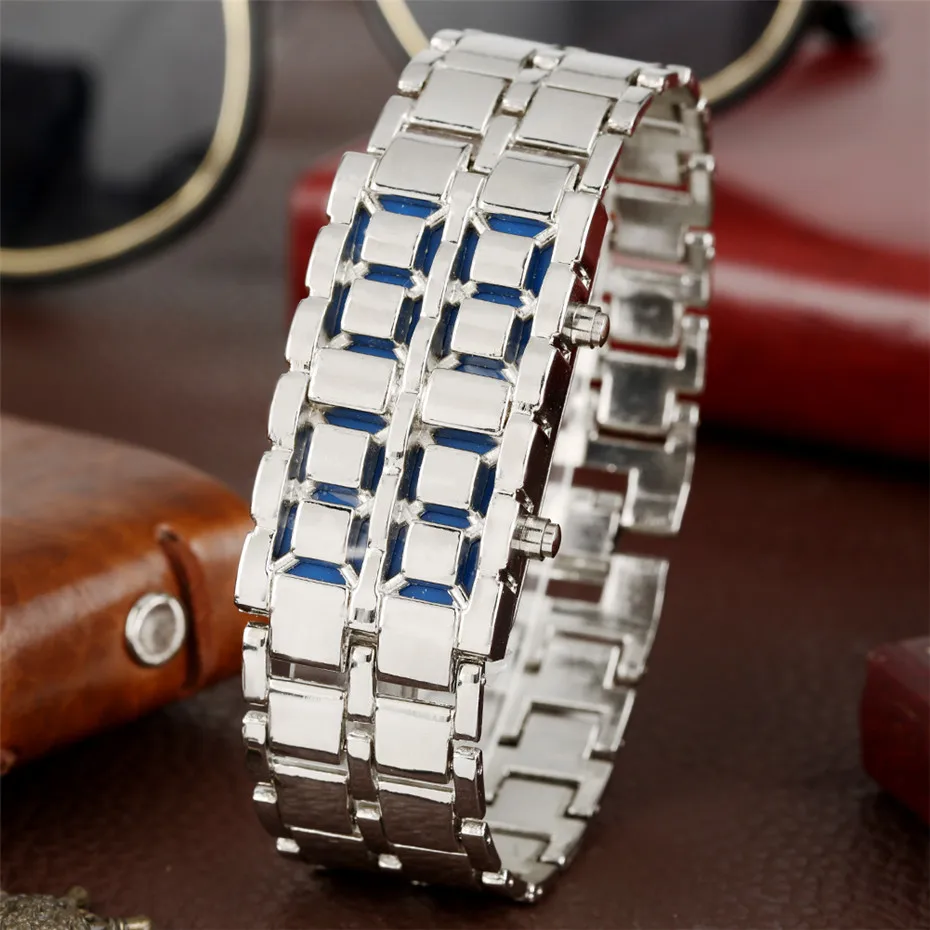 silver metal blue clock men черные металлический цифровой Лава наручные часы Железный Металл красный светодиодный Самурай для Для мужчин мальчик спорт Wathes stainless steel Band - Цвет: silver metal blue