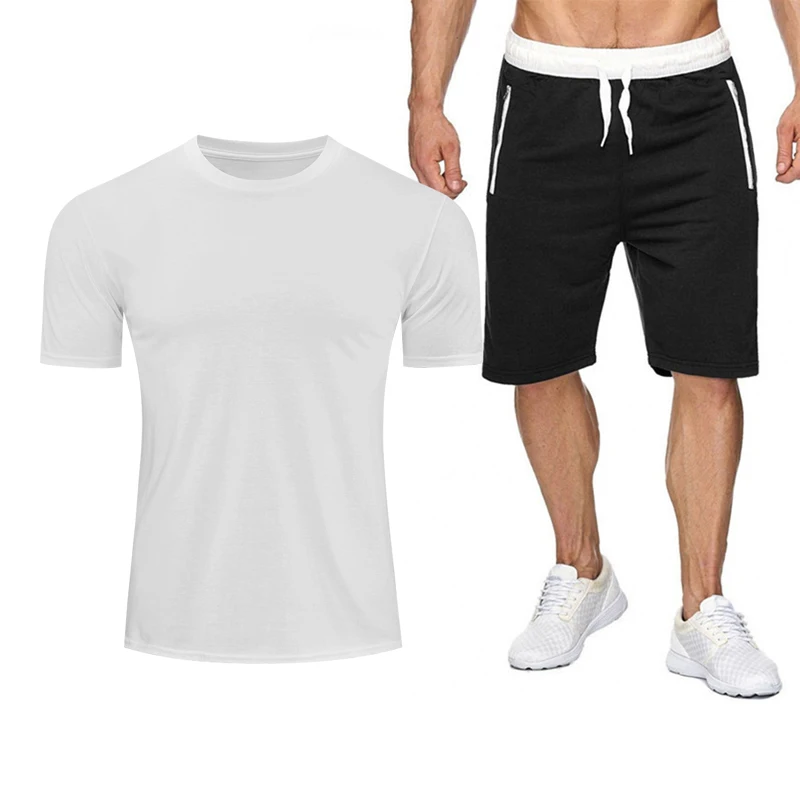 

2021 Men Casual Set Fashion 2 PCS Sweat Suit Solid Cotton Short Sleeve T-shirt Shorts Male Sportswear Tracksuit Summer Sportsuit