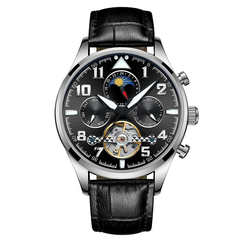 Многофункциональные часы tourbillon для мужчин люксовый бренд Moon фазный Автоматический Механические часы полый маховик мужские часы новые - Цвет: Leather strap 06