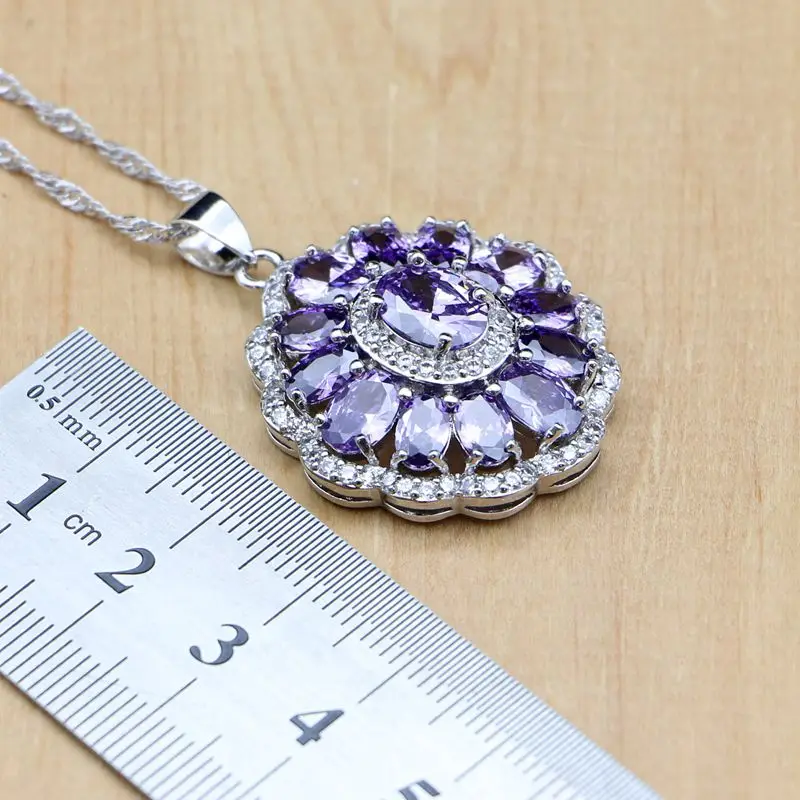 925 Серебряные свадебные украшения с фиолетовыми кубическим цирконием и белыми цирконами для женщин Свадебные серьги/подвеска/кольцо/браслет/ожерелье.