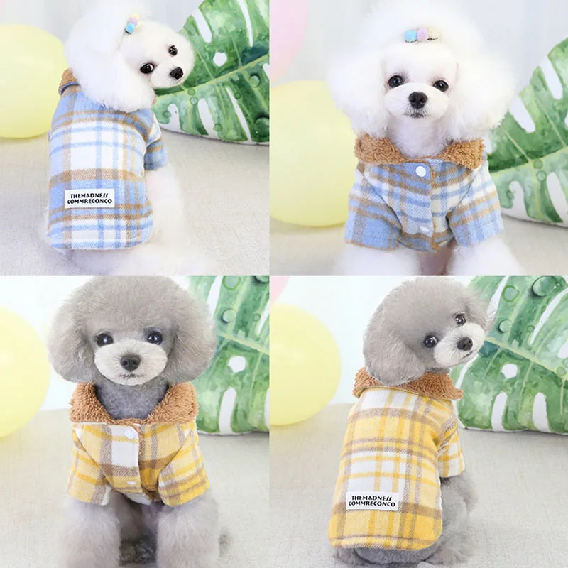 Plaid Dog Winter Clothes Long Sleeve Warm Cat Coat Fleece Lapel Woolen Cloth Pet Outfit Clothing Yellow/Blue Pets Apparel Poodle | Дом и сад