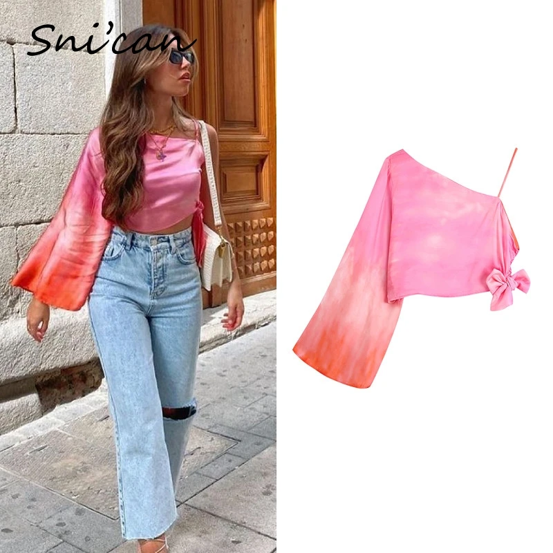 One Shoulder Tie Dye Blouse Sexy Summer Batwing Sleeve Women Satin Shirts Za 2021 Fashion Streetwear Vintage Chic Tops Snican