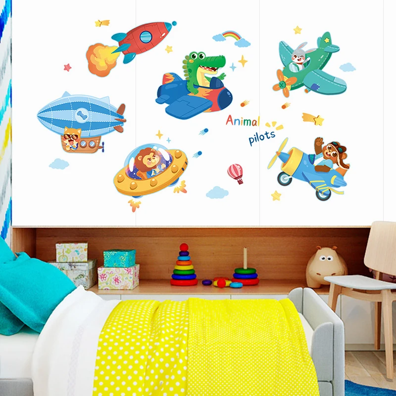 Мультяшные животные пилоты самолёт наклейки на стену для детской комнаты