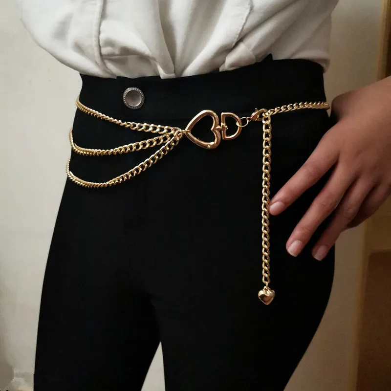 

Women Fashion Belt Hip High Waist Gold Narrow Metal Chain Love Heart Fringes