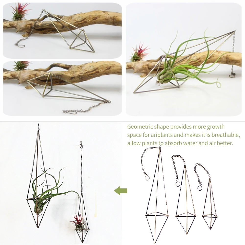 

3pcs Hanging Air Plant Holder Himmeli Triangular With Chains Iron Wire Bronze Wall Freestanding For Tillandsia Display Modern