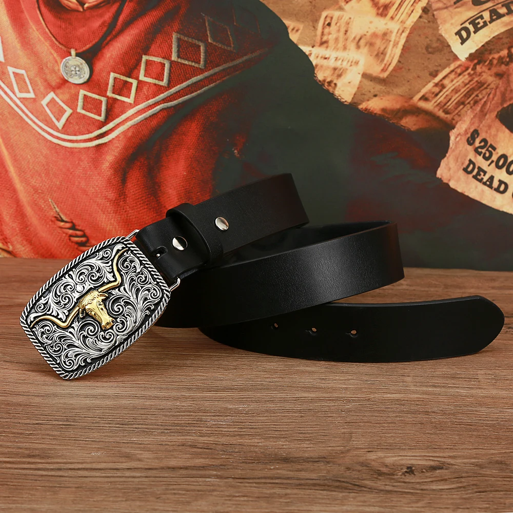 Western cowboy zinc alloy bull head belt buckle leather belt men's gift