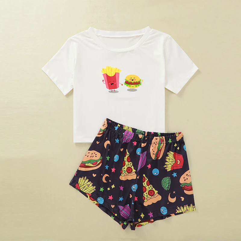 

Fashion Burger Fries T-shirt Shorts 2 Pieces Women Sets 2 Piece Sets Womens Outfits Women Pajamas Sets Party Night Wear
