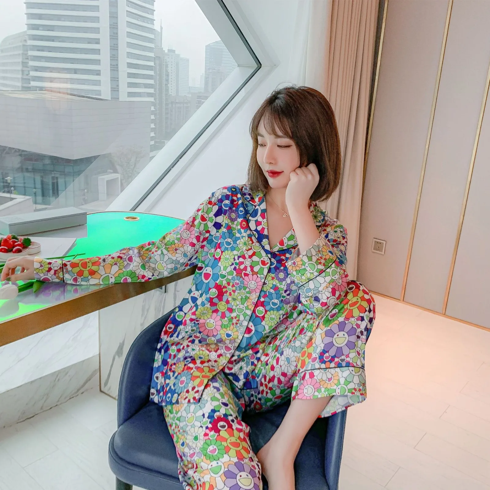 

Cute Sunflower Print Women Pajama Sets Turn-down Collar Shirt&Pant 2PCS Satin Sleep Suit Spring New Sleepwear Casual Home Wear