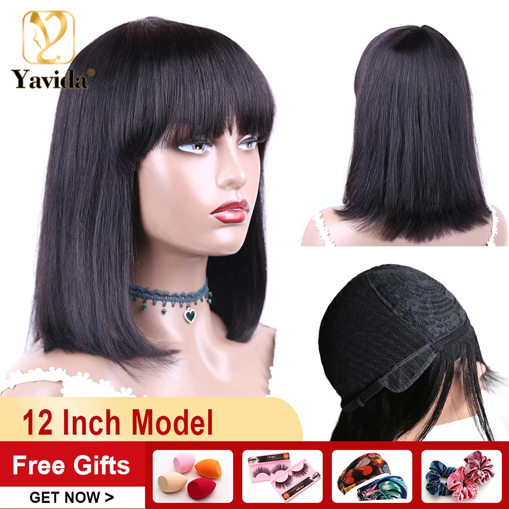 

Yavida Remy Straight Bob Human Hair Wigs With Bangs 150% Density Indian Short Bob Wig For Women Full Machine Straight Bangs Wig