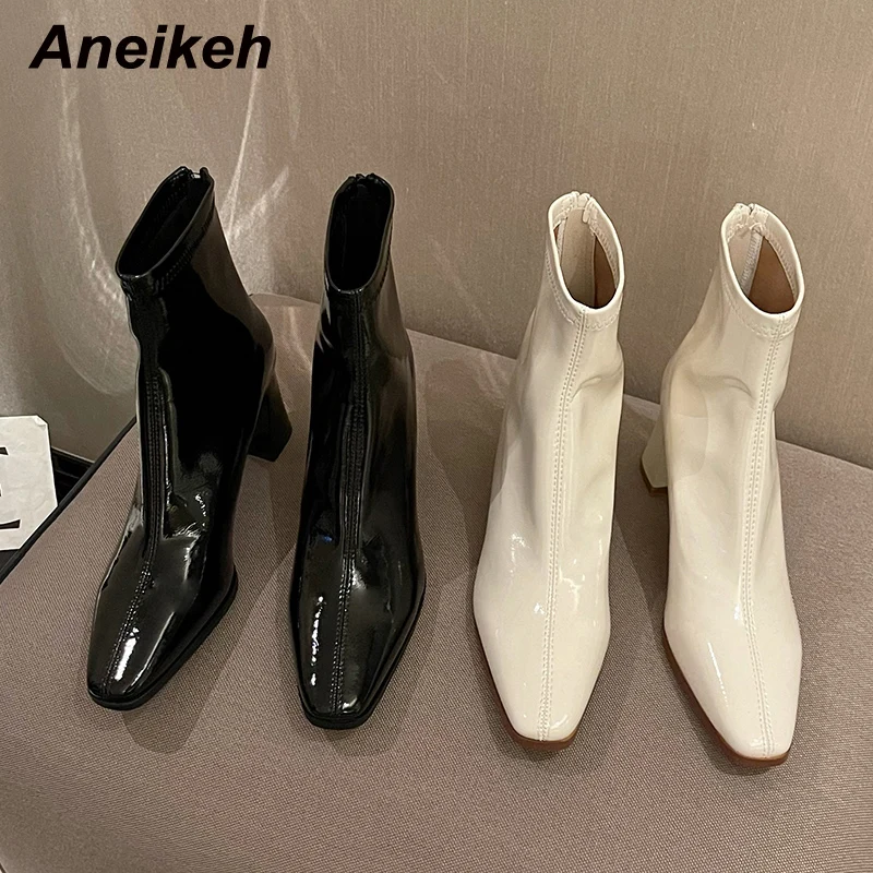 

Aneikeh Sexy PU Design Sense Glossy Ankle Boots High Sewing Fashion Square Heel Winter Shoes Women 2021 Pointed Toe ZIP NEW